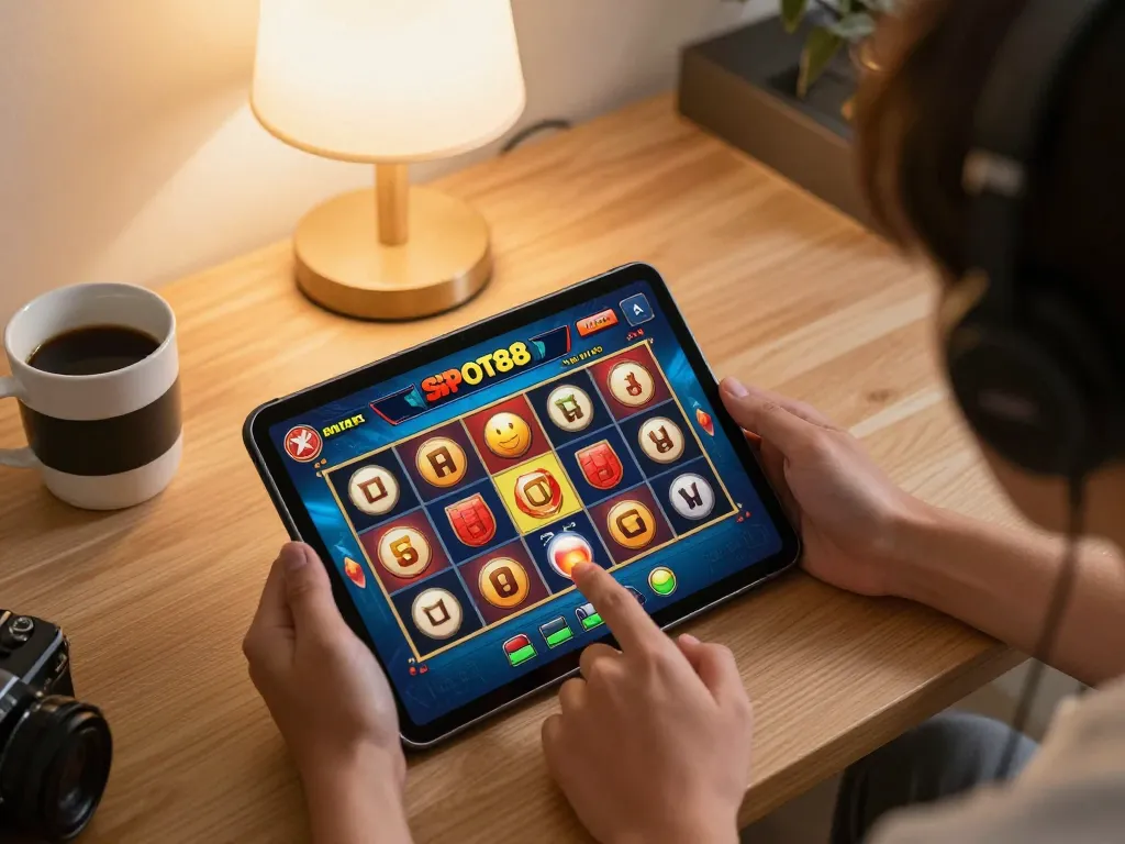 Player spinning the reels in a slot88 game during an engaging home gaming session.