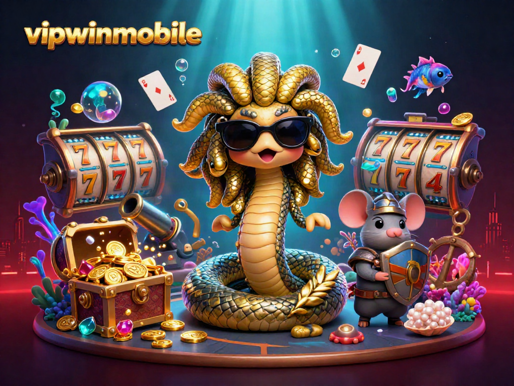 Experience excitement at vipwinmobile with a vibrant casino scene showcasing Medusa and golden treasures.