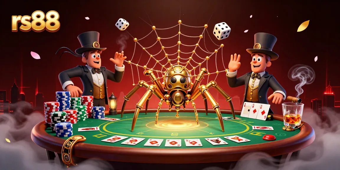 Engage with rs88 in this lively casino scene featuring a steampunk spider and adventurous poker elements.
