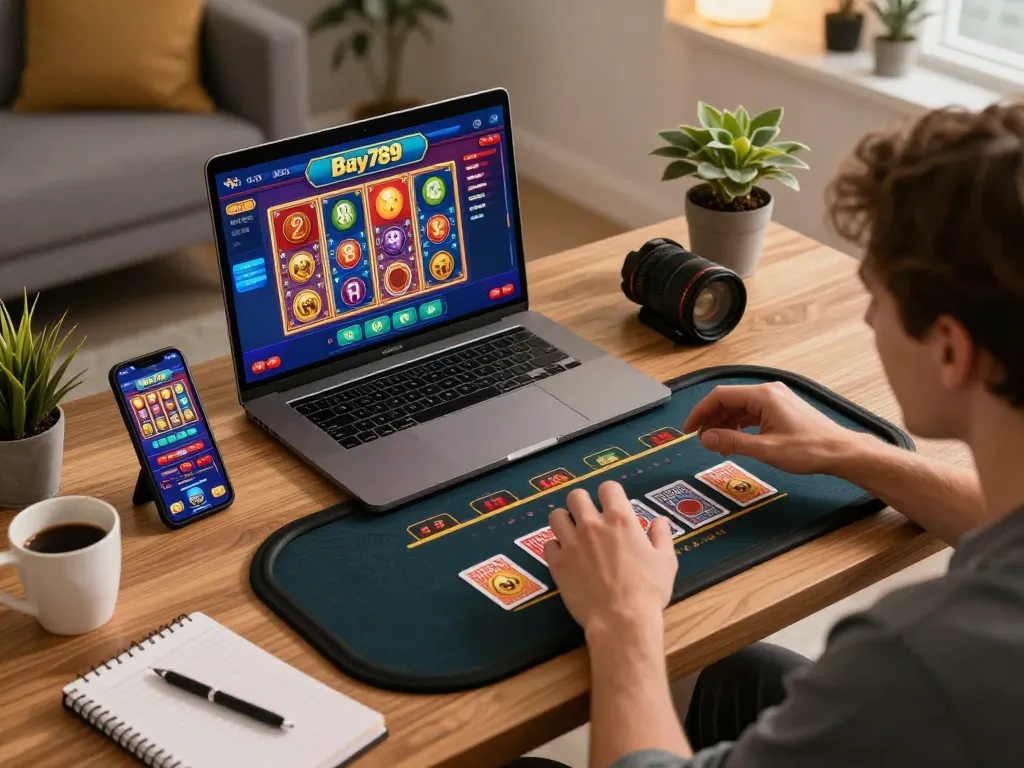 Engaged player using Bay789 online casino app on laptop and smartphone, showcasing a vibrant gaming setup