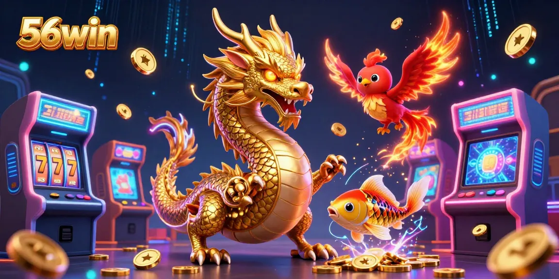 Play exciting games and win at 56win with a dynamic casino-themed illustration featuring mythical characters.