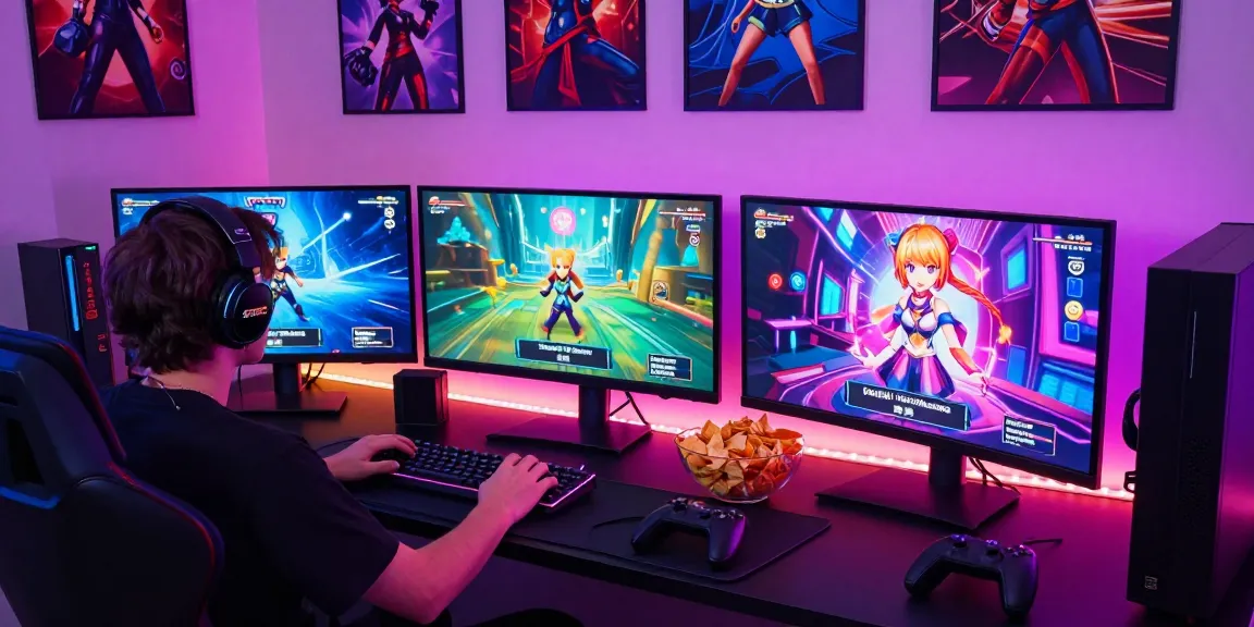 Engaged gamer playing NSFW games on a vibrant gaming setup with colorful graphics and ambient LED lighting.