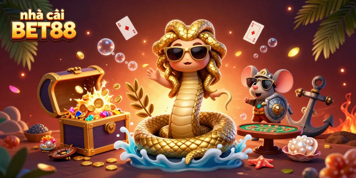 Experience the excitement of nhà cái BET88 with a lively 3D casino scene filled with Medusa and casino elements.