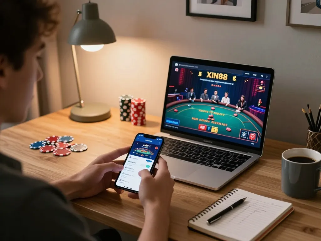 Engaging with the xin88 mobile app during cozy home gaming, promoting responsible gambling.