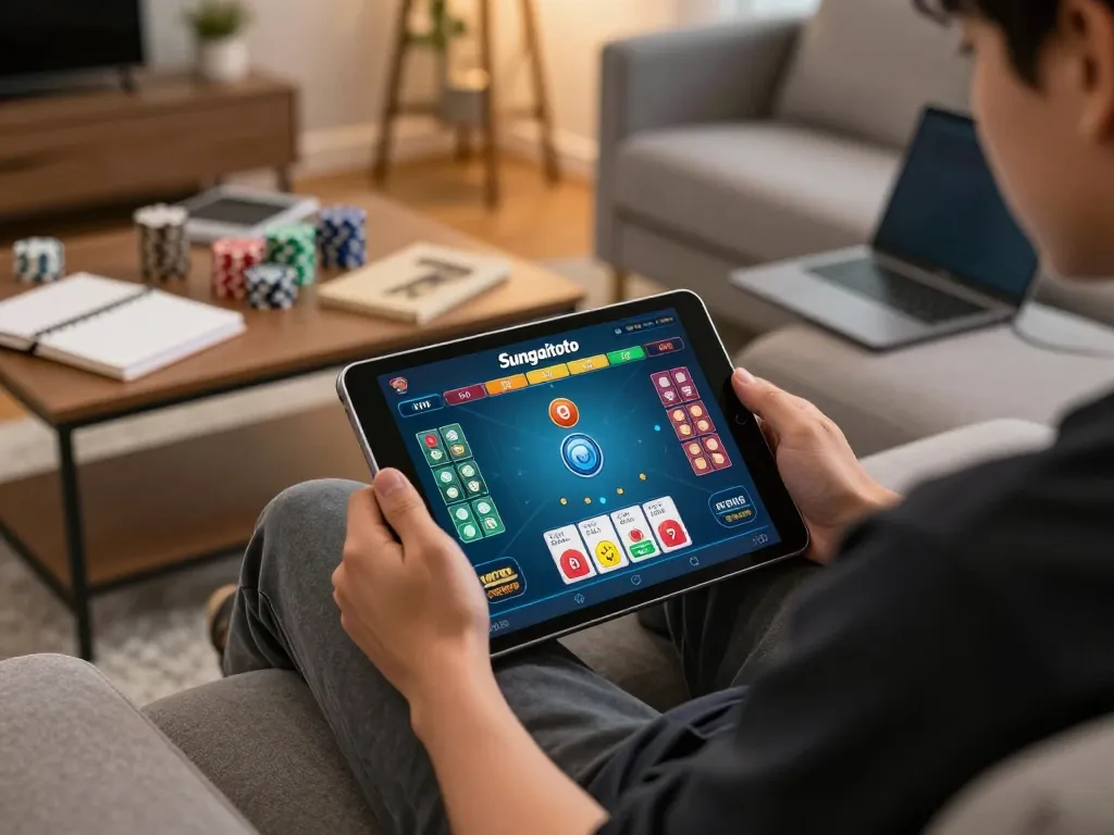 Sungaitoto online gaming scene showing a player strategizing on their tablet in a cozy living room.