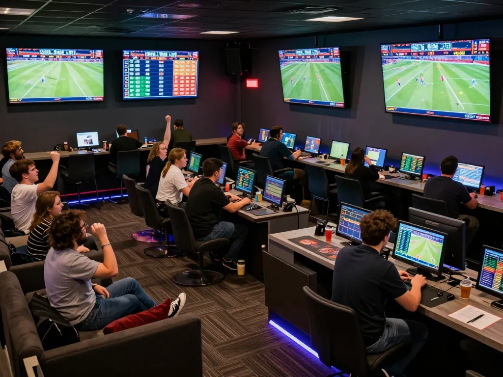 Engaged bettors analyzing tỷ lệ nhà cái during a live sports event in a vibrant lounge