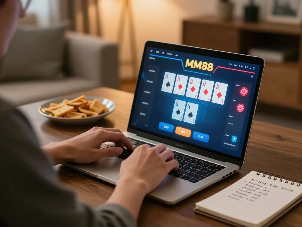 MM88 player enjoying online poker game at home with strategic focus and cozy atmosphere