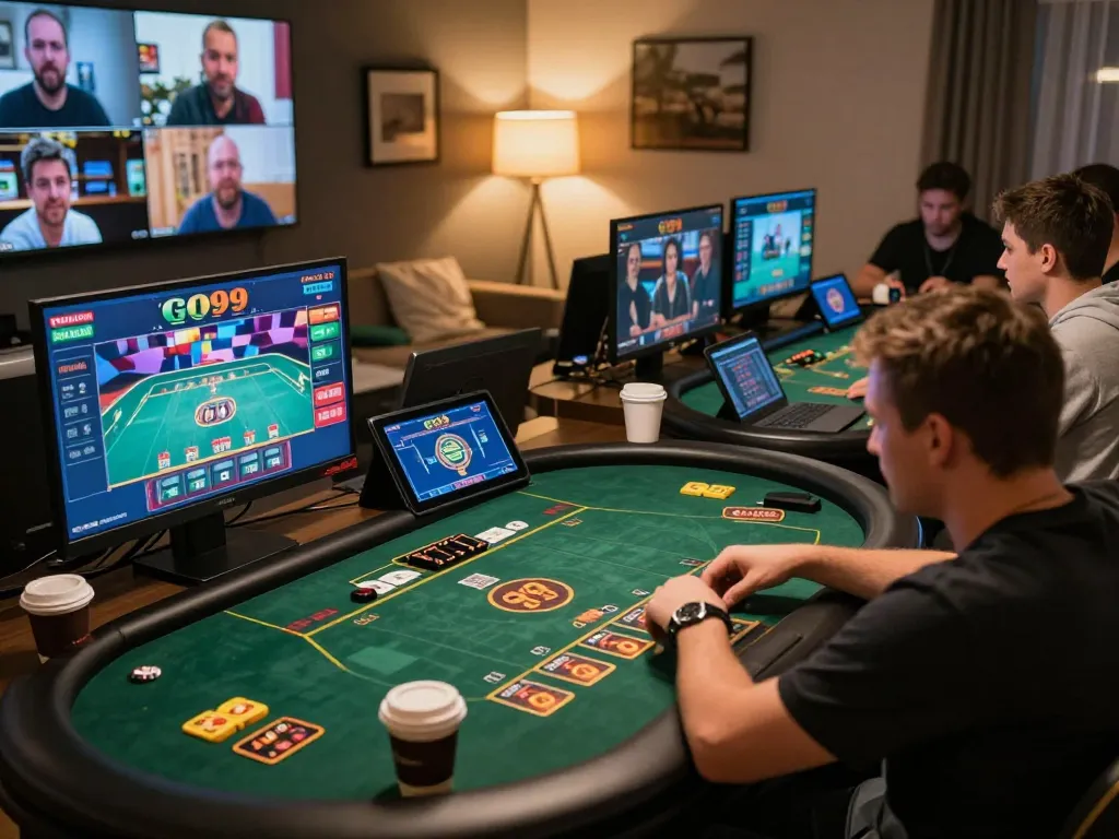 Engaging online gaming session featuring GO99 on a tablet, showcasing strategic bets and happy players.