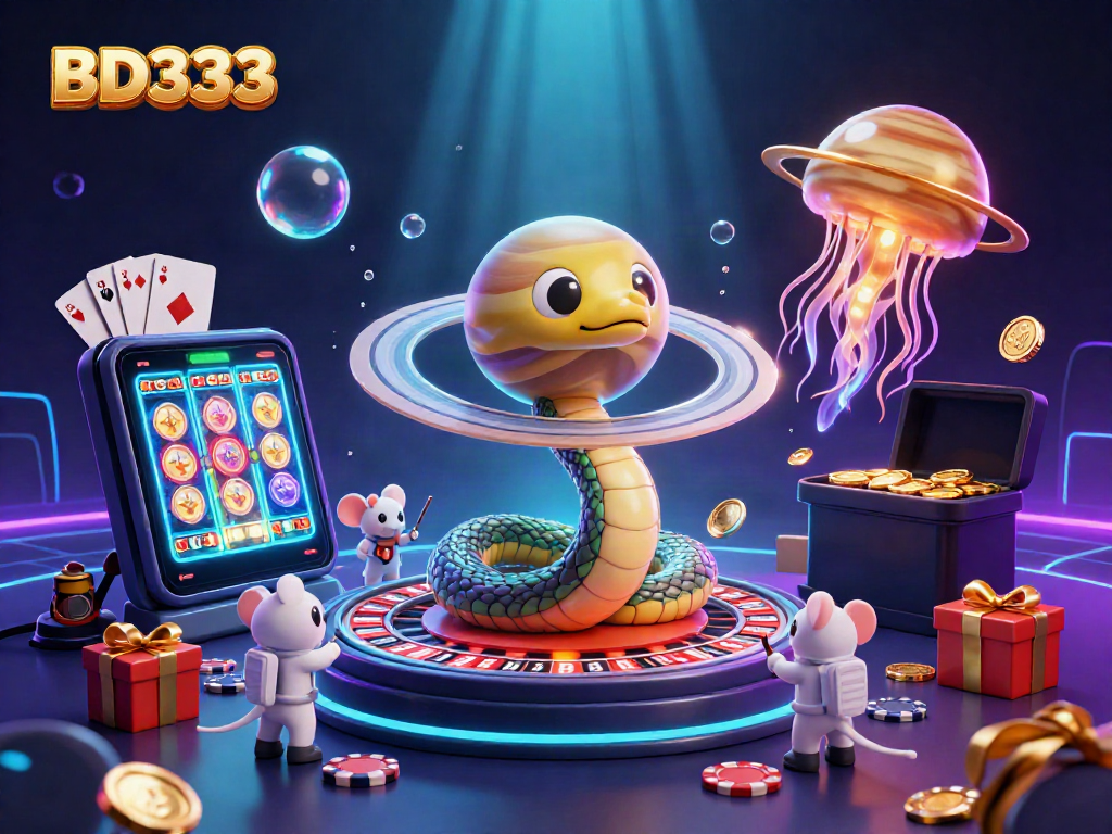 Experience thrilling gambling action with BD333 as cartoon characters play on a cosmic roulette wheel.