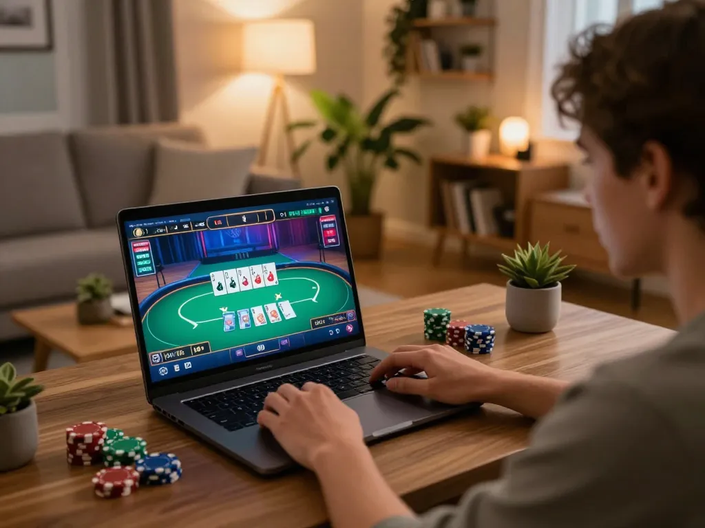 Player engaging with f8bet online casino gaming on laptop in cozy living room