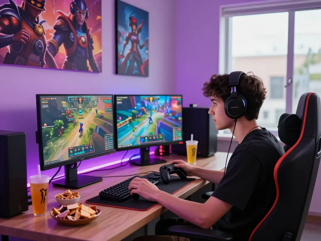 An immersive gaming setup with a player engaging in Sun Win gaming, showcasing colorful displays and dynamic atmosphere.
