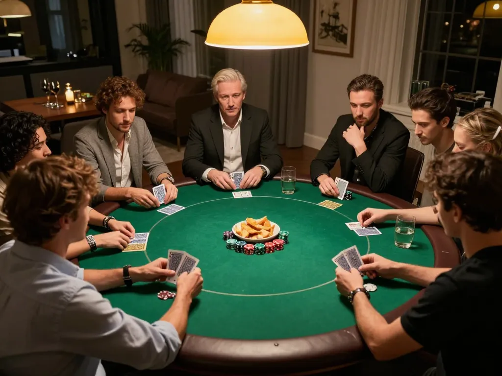 Friends engaging in competitive poker at home showcasing strategic gameplay with nhacaiuytinn.