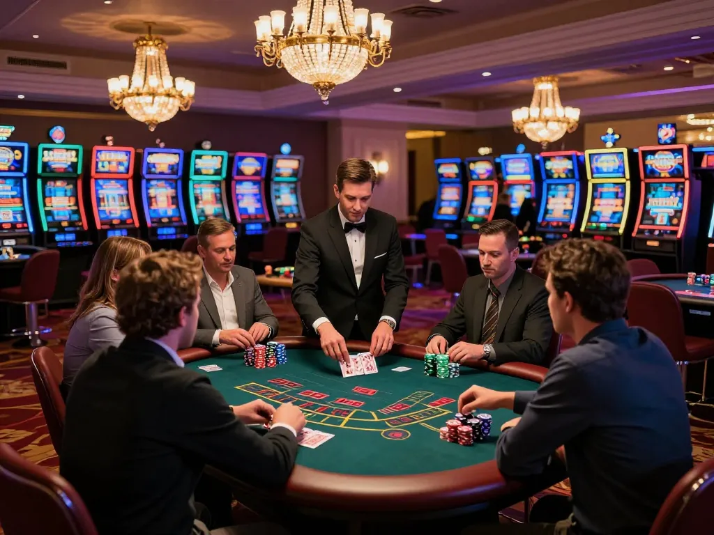 Engaging gaming scene at Trang chủ Tx88, showcasing players at a lively blackjack table in a luxurious casino.