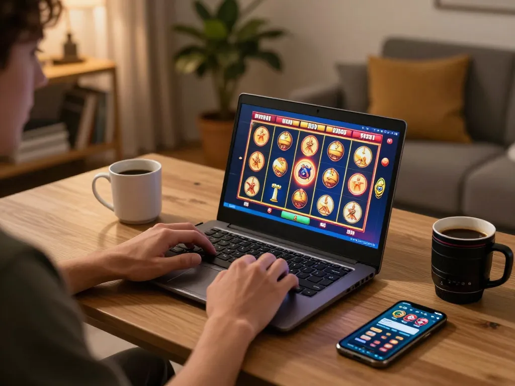 Player enjoying a slot game on 92slot com, cozy gaming setup with laptop and betting app visible.