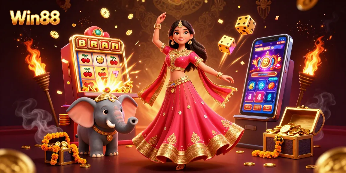 Win88 slots explosion illustration featuring vibrant characters and casino elements for an engaging experience.
