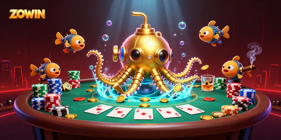 ZOWIN showcases a vibrant, action-filled scene with a kraken submarine amidst golden coins and poker elements.