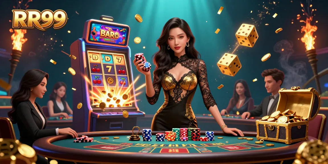 RR99 casino scene featuring a beautiful Asian woman with golden chips and jackpot elements in 3D.