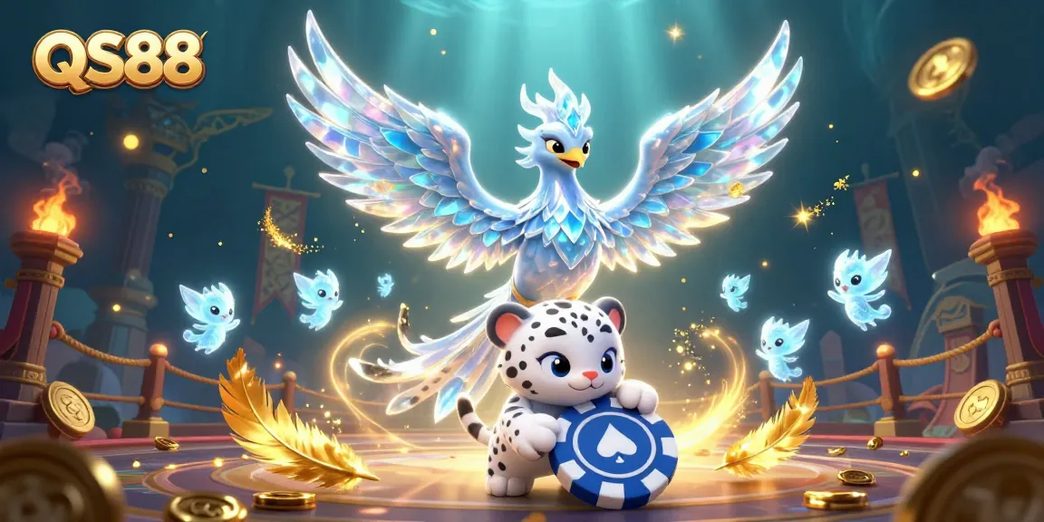 Engage with QS88's vibrant online gaming scene featuring a magical ice phoenix and poker action.