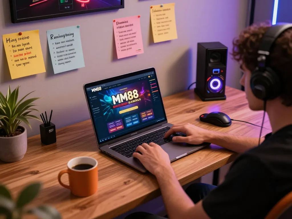 Engaging online gaming scene showcasing a player using MM88 platform at home, with stylish desk setup and strategic notes.