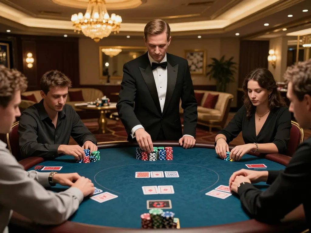 C168 poker gameplay in a luxurious casino with focused players and dealer in action