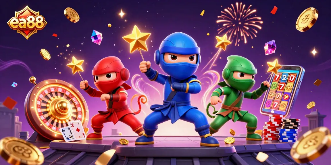 ea88 chameleons perform martial arts alongside casino elements like roulette and poker chips, symbolizing gaming excitement.