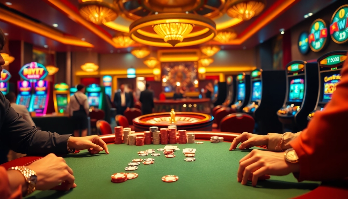 Engaging casino atmosphere at https://hitclub4.app/ showcasing vibrant poker tables and spinning roulette wheels.
