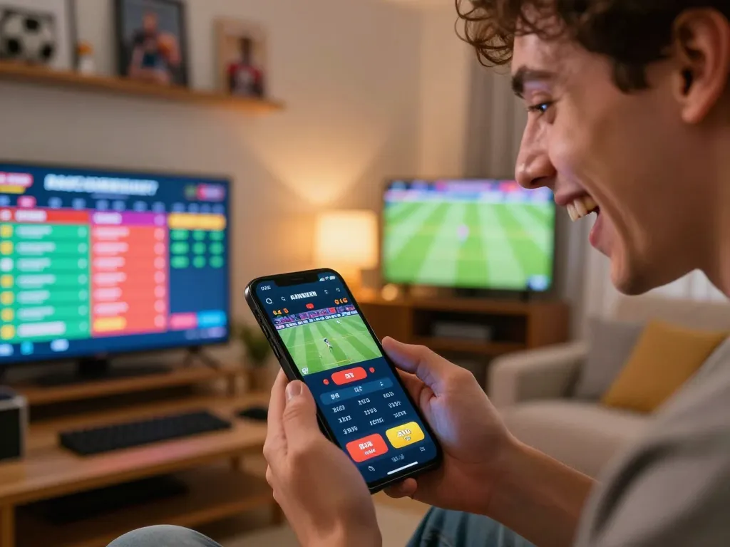 Hit club sports betting excitement with a bettor using a smartphone app in a cozy home setting