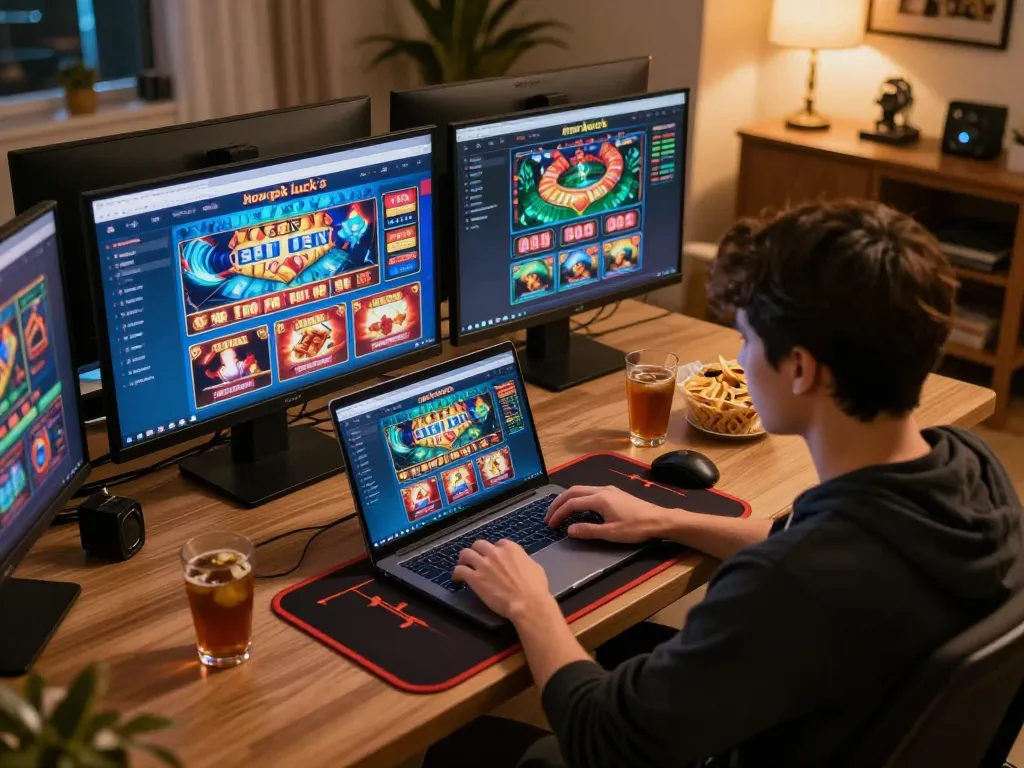 Engaging in online gaming with new pk luck, vibrant graphics on screen and cozy atmosphere.