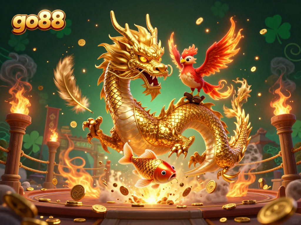 Experience thrilling gaming with go88, featuring a golden dragon, phoenix, and koi fish in a dynamic casino scene.