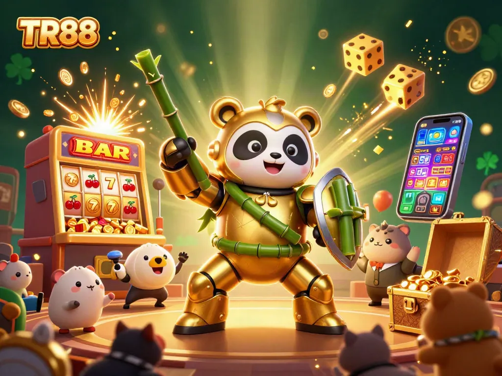 Spin to win at TR88 with a vivid 3D casino scene showcasing lively characters and jackpot fun.