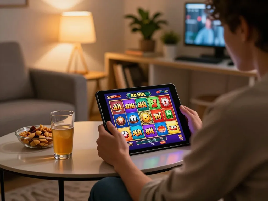 Nổ hũ gameplay on a tablet in a cozy home setting with snacks and warm lighting