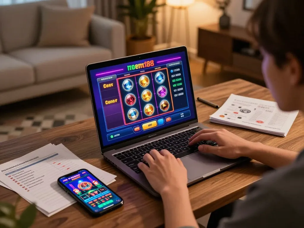 Gambling on gem88 slots online with focused strategy notes and laptop setup in cozy home environment