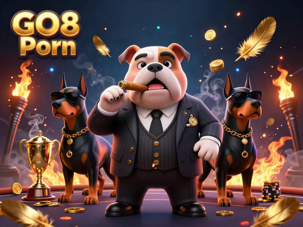Engage in winning strategies at GO8 Porn, featuring a cartoon mafia bulldog and bodyguards amidst dynamic sports betting visuals.