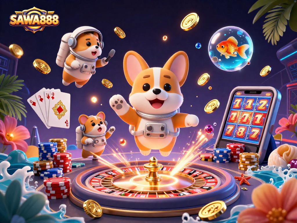 Join the excitement at SAWA888, where a playful astronaut corgi navigates a thrilling cosmic casino!