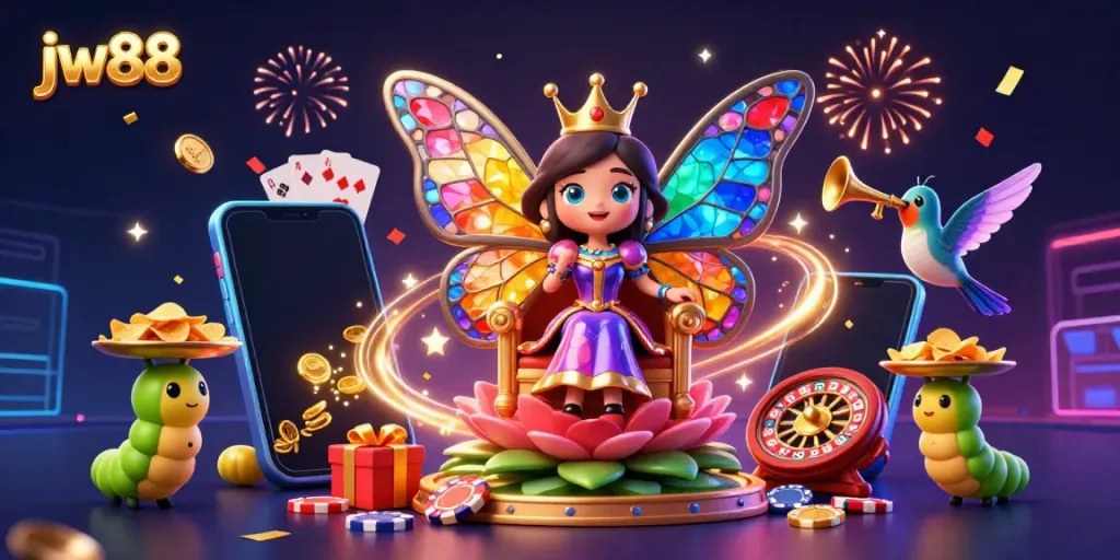 Experience thrilling gaming at JW88 with a vibrant, 3D scene featuring our butterfly queen surrounded by exciting casino symbols.