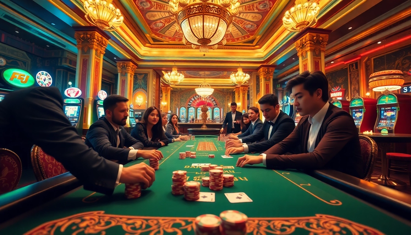 A high-stakes casino scene at https://bl555.exchange/ featuring players at an elegant gambling table.
