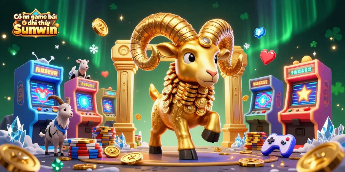 Cổng game bài đổi thưởng Sunwin showcasing a golden ram charging at a gate with arcade elements, symbolizing top-tier online gaming.