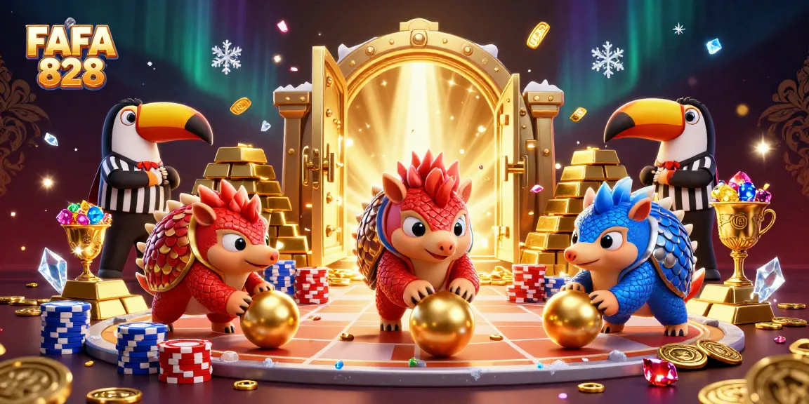 Engage with FAFA 828 in a vibrant 3D casino scene featuring rival pangolins and poker chips.
