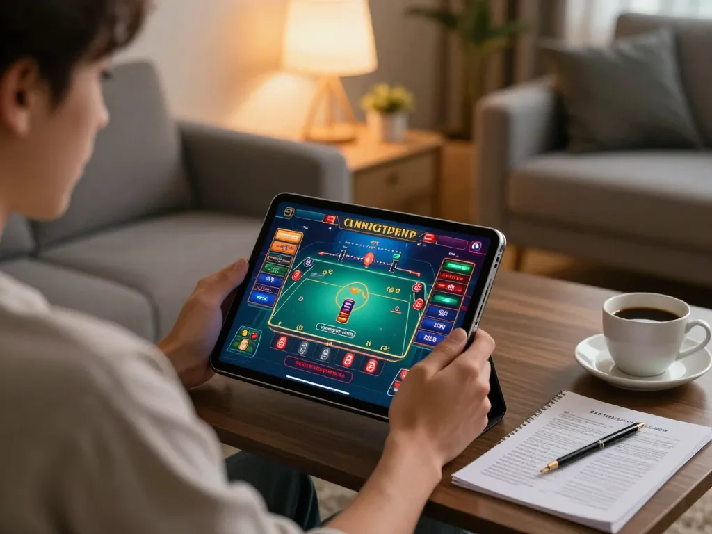 Person enjoying online gaming on a tablet at home, experiencing 78wim excitement and strategy in gambling