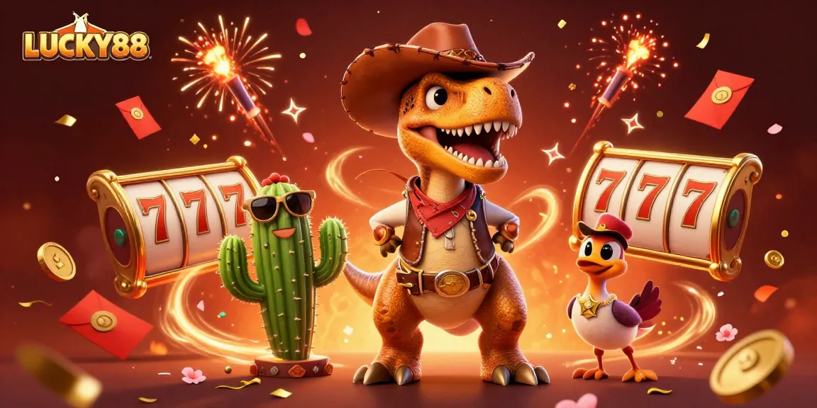 Join the action at LUCKY88, where vibrant slot reels surround playful cartoon characters in a dynamic celebration.