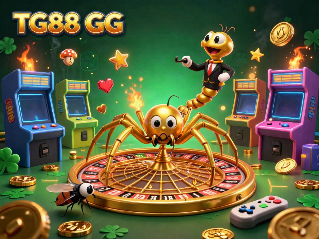 Experience the excitement of TG88 GG with a colorful cartoon scene featuring casino themes and games.
