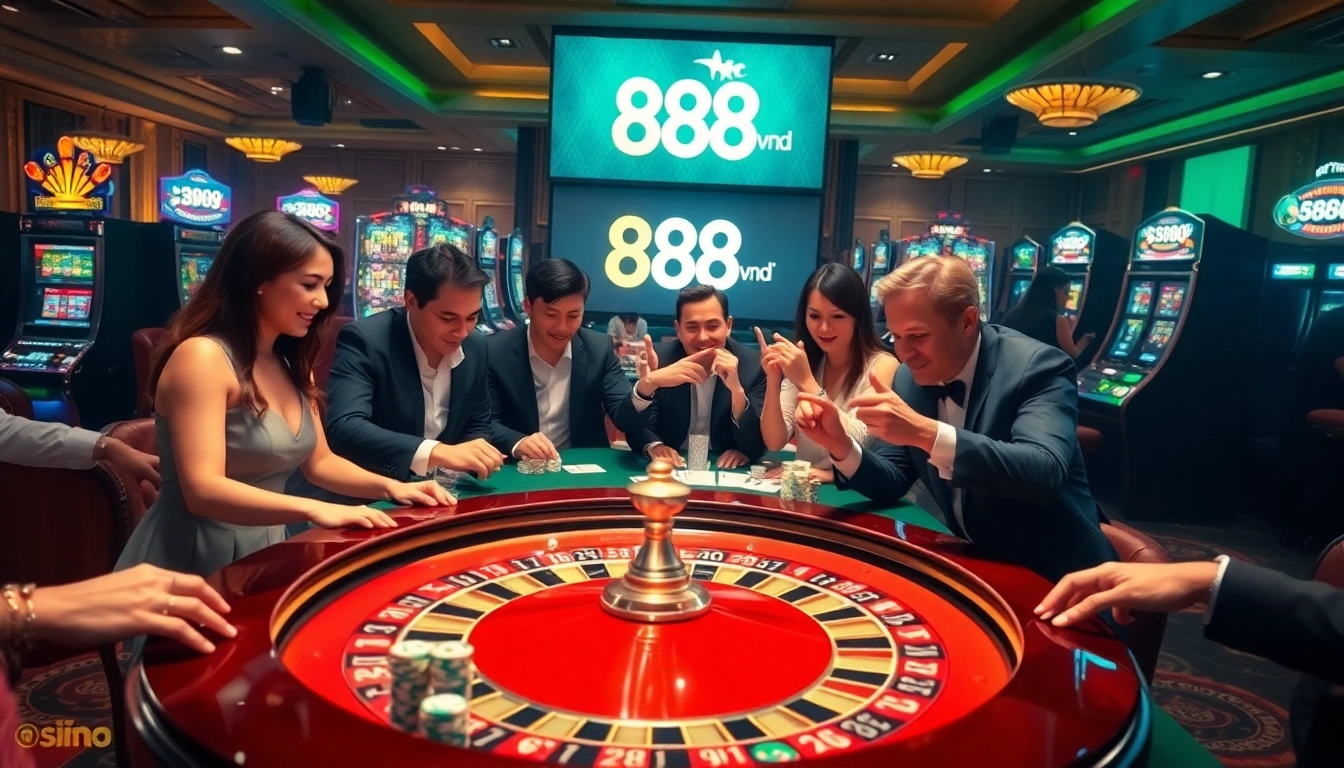Players enjoying a thrilling game at nhà cái 888vnd with a roulette wheel and vibrant decor.