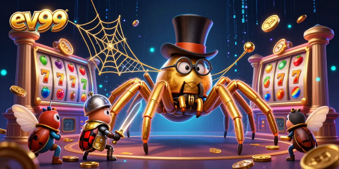 ev99 showcases a golden tarantula weaving luck at a vibrant casino scene filled with excitement.