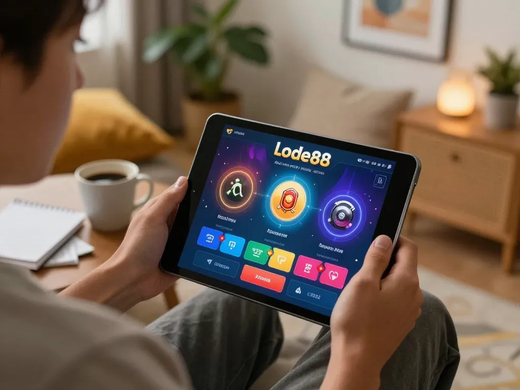 Player interacting with the lode88 app on a tablet in a cozy living room, engaged in online gambling.
