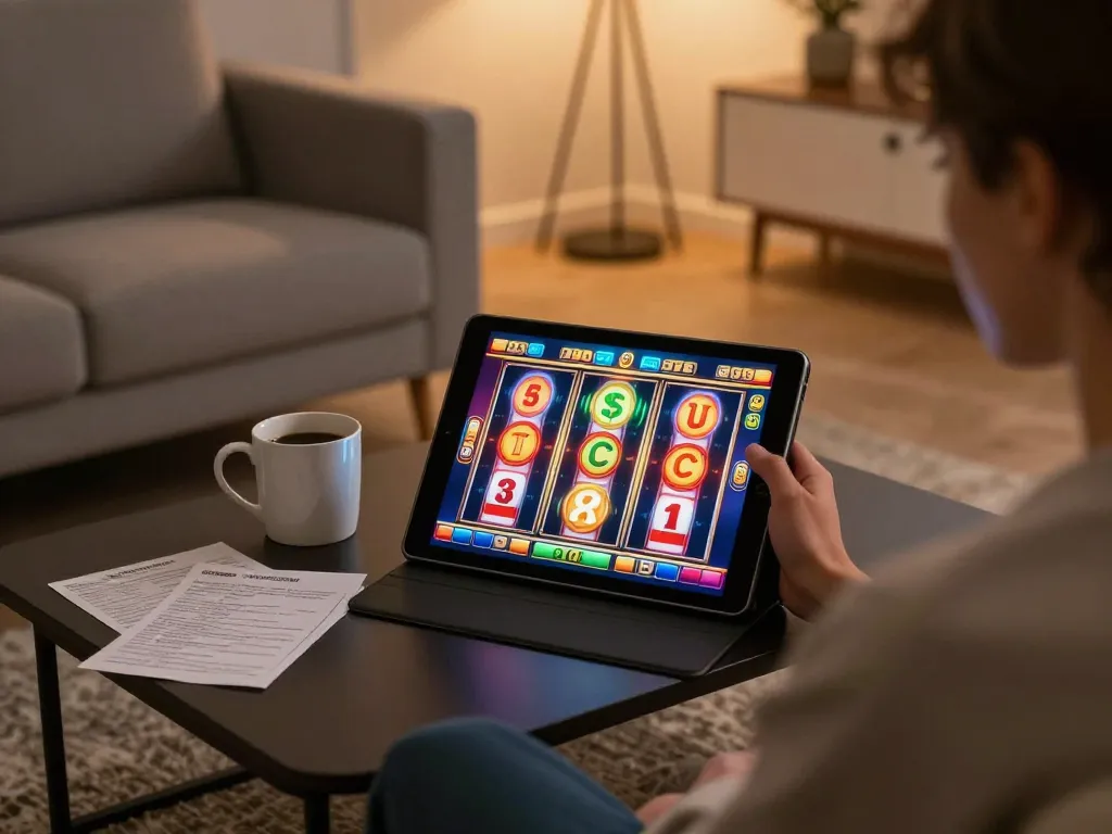 Engaging online slot gameplay at home with 78wim user on tablet in cozy atmosphere.