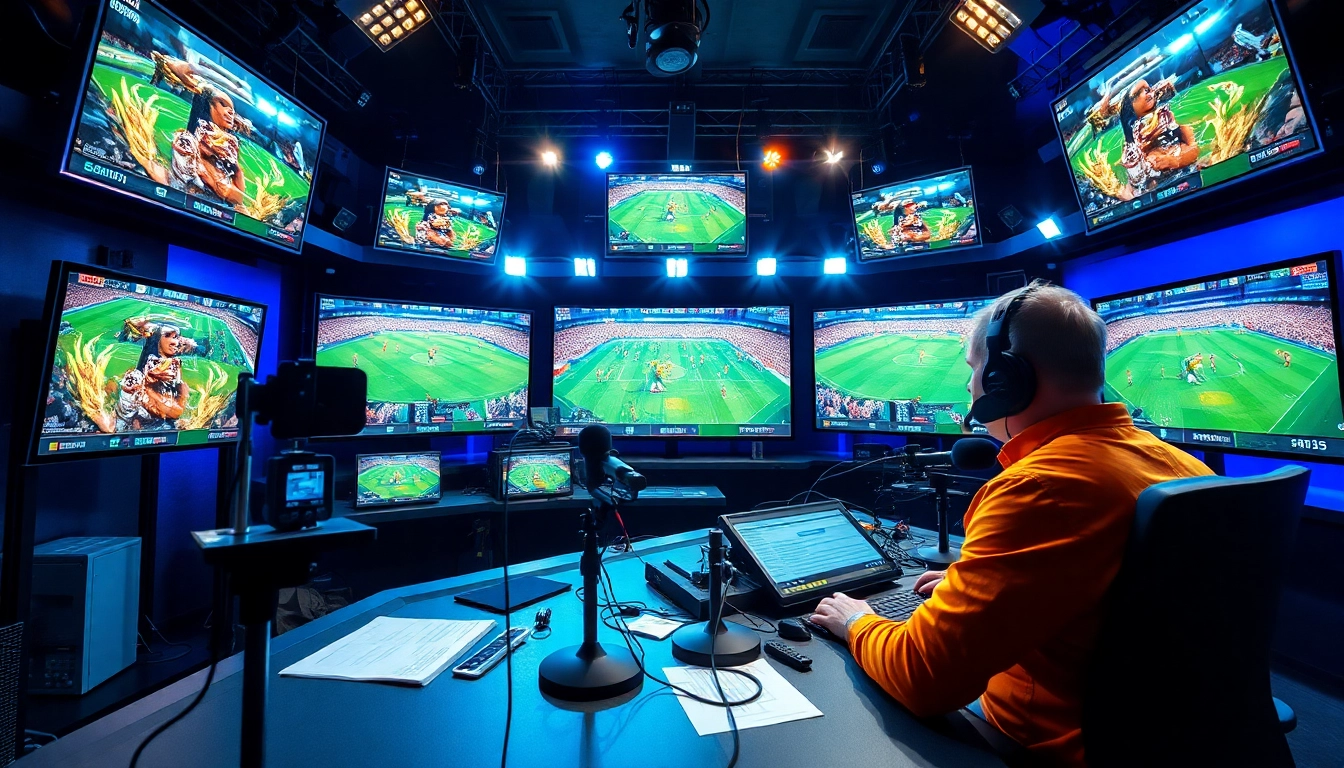 Engaging scene of sports broadcasting studio with announcer and live games displayed.
