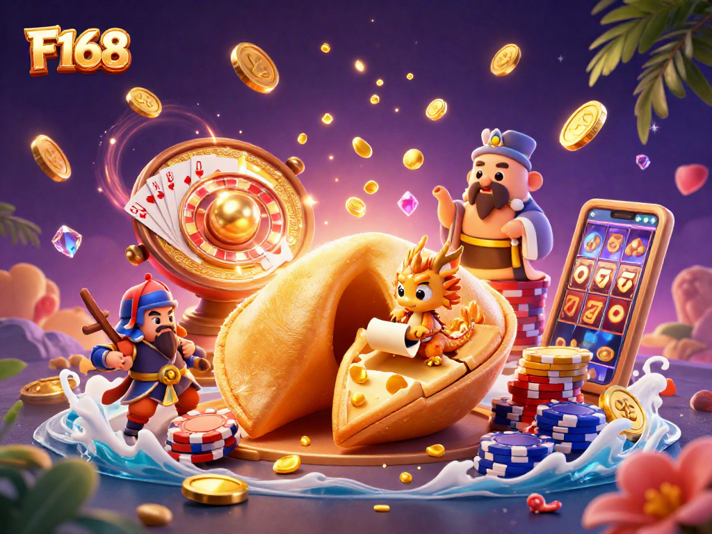 Engage in thrilling gameplay at F168 with a vibrant 3D illustration of golden fortunes and casino excitement.