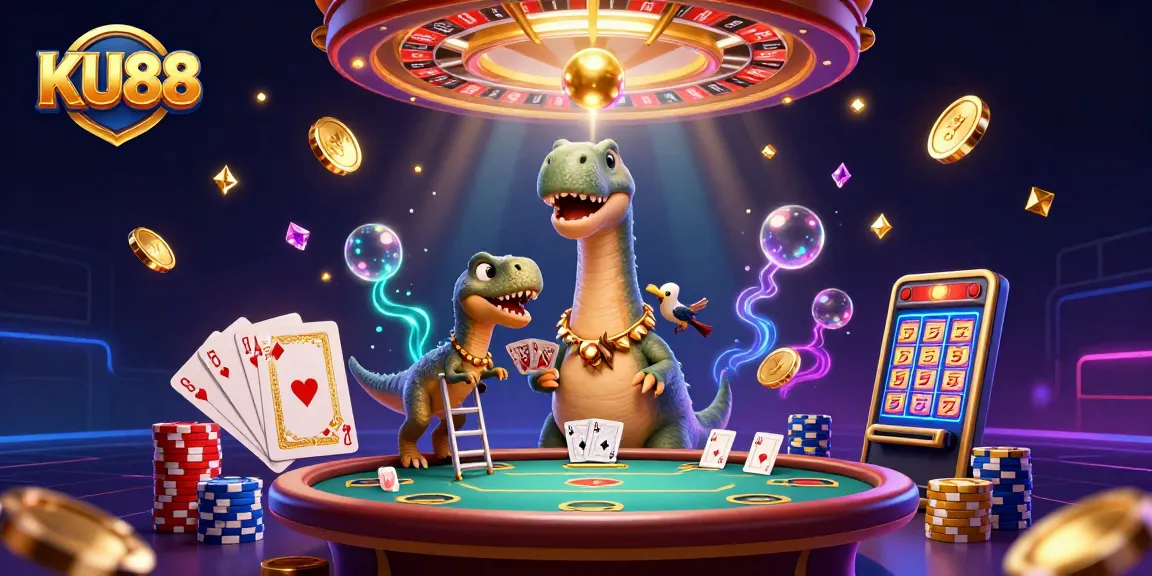 Bet big at KU88 with a thrilling 3D casino scene featuring intricate characters and game elements.