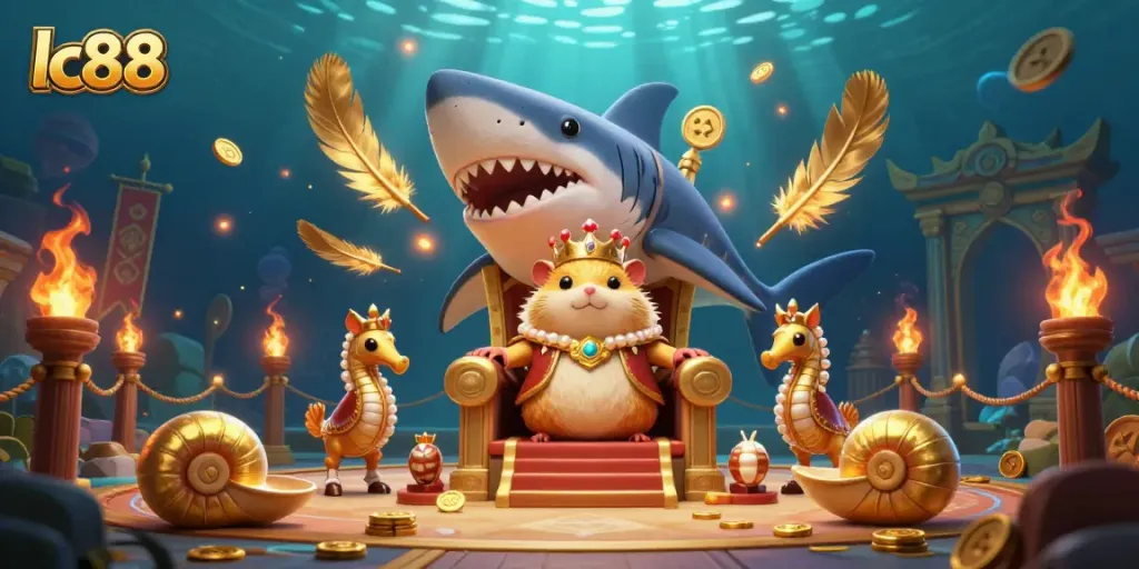 Experience the exciting world of lc88 casino games with a colorful underwater scene featuring a hamster king and royal seahorse guards.