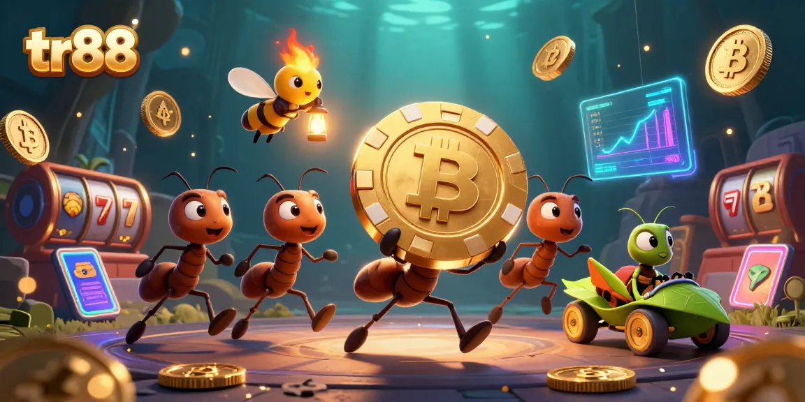 Experience the thrill of gaming with tr88 as cartoon ants evade capture with a golden poker chip during their heist.